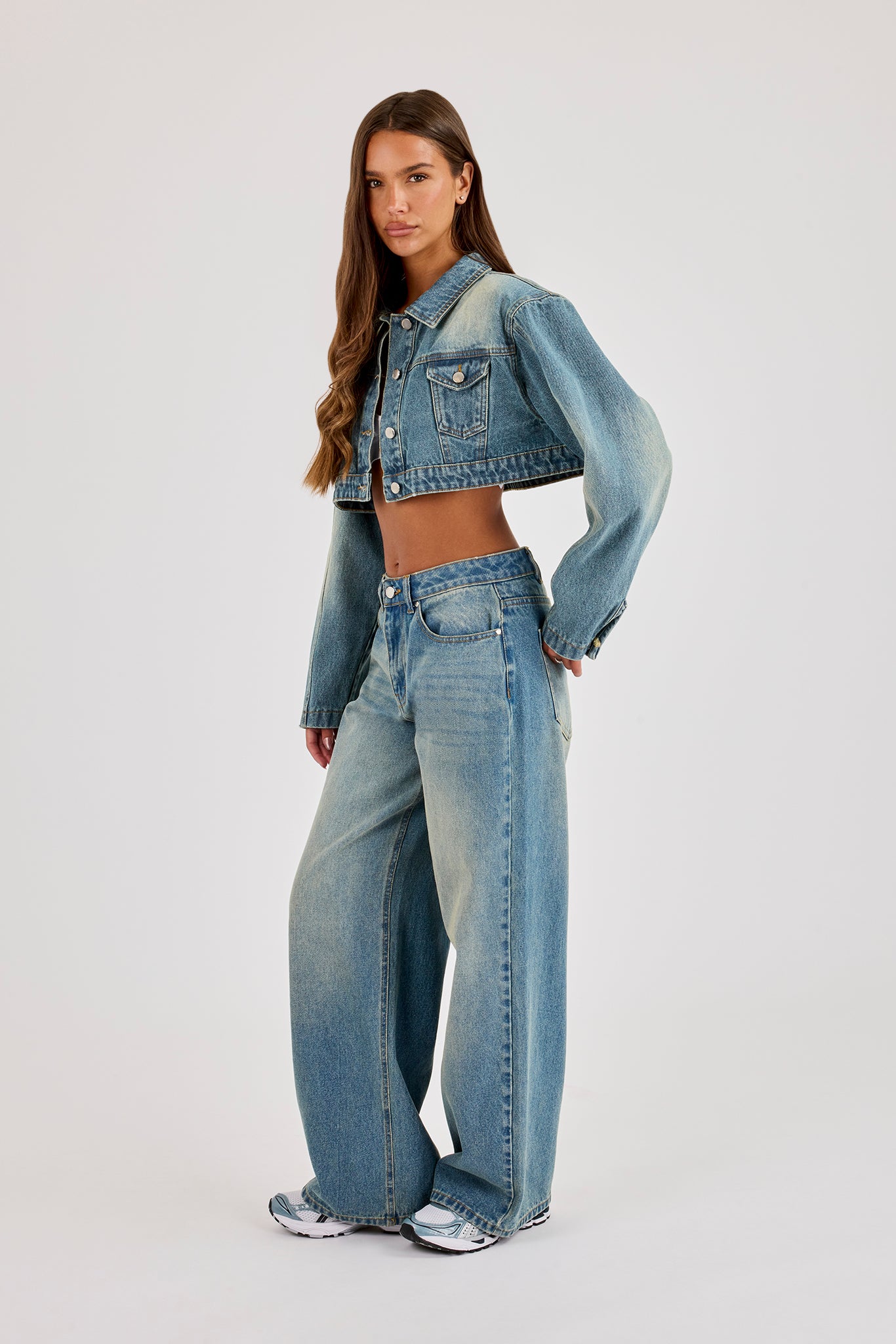 Super Crop Shoulder Pad Denim Jacket & Jean - Antique Wash